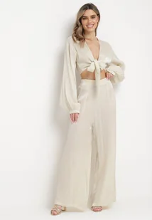 Beżowy Komplet Koszula z Szerokim Rękawem i Luźne Spodnie Rossabel - Komplety damskie - miniaturka - grafika 1