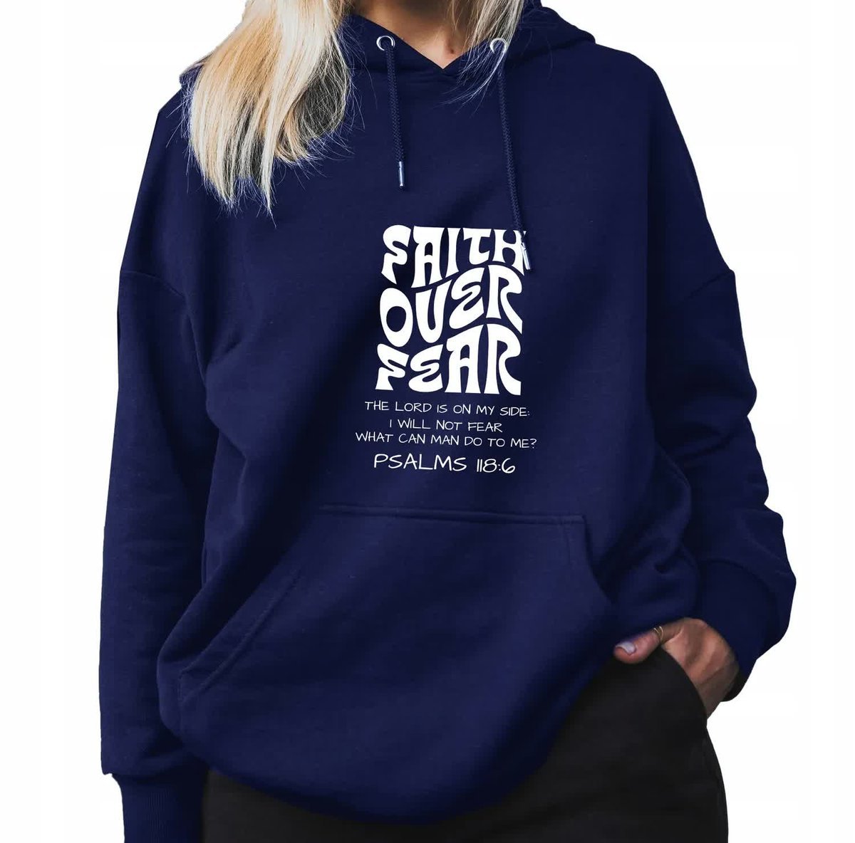 Granatowa Bluza Damska Z Kapturem FAITH OVER FEAR Piękna Stylowa Wzory -S