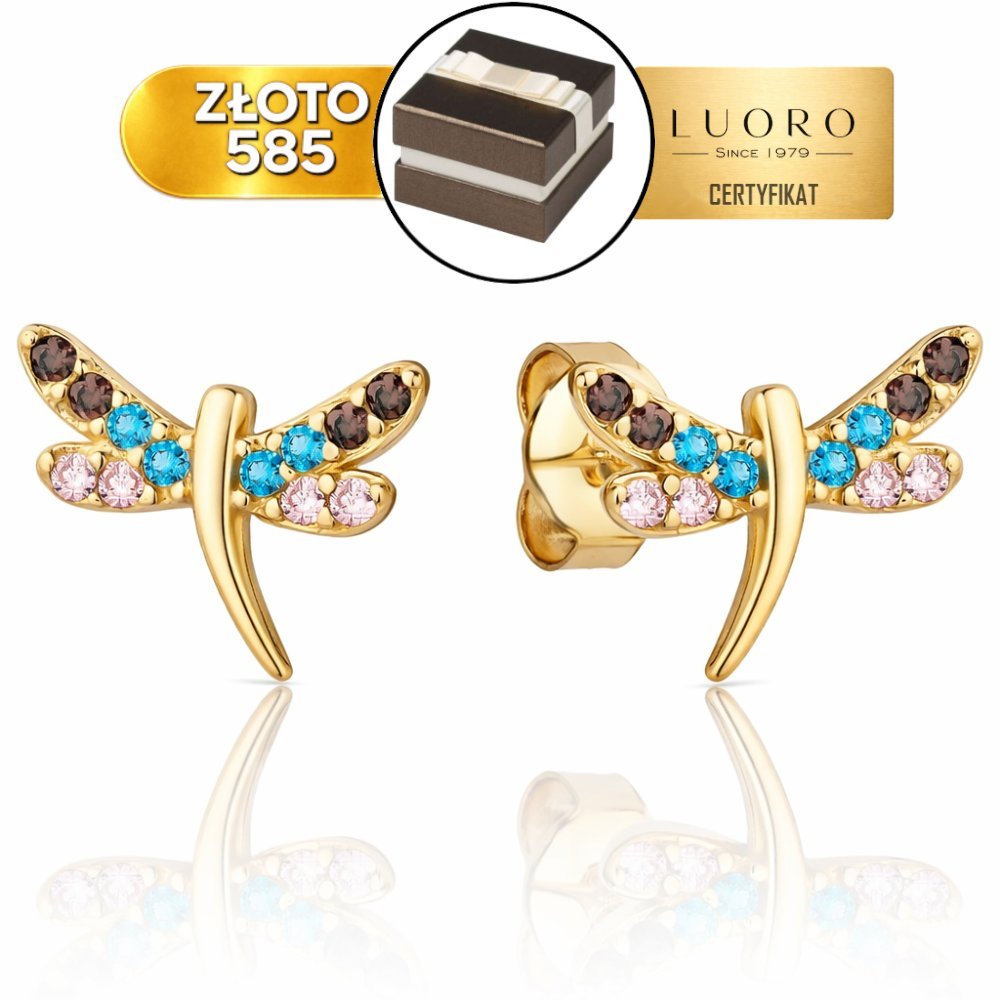 KOLCZYKI ZŁOTE 585 14K WAŻKI KOLOROWE CYRKONIE SZTYFT 1 CM ELEGANCKIE
