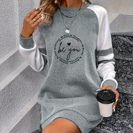 Sukienki - TEMU Elegancka Sukienka Damska w B Kolorów - Długi Rękaw z Okrągłym Dekoltem i Wzorem "Be to", Szaro-Biała, Styl Casual, Idealna na Wiosnę/Jesień, - miniaturka - grafika 1