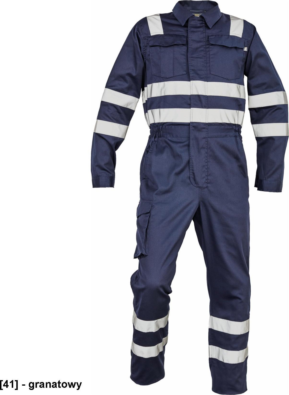 CERVA ZAMORA kombinezon roboczy z odblaskowymi taśmami i elastycznymi elementami bocznymi w talii - granatowy 46