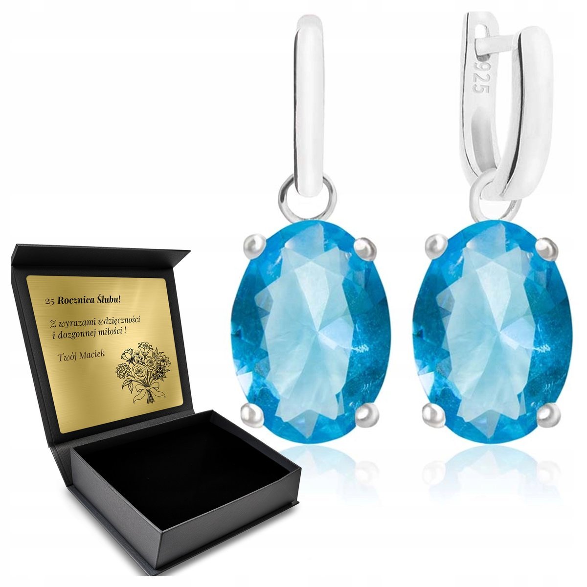 Kolczyki Srebrne 925 Z Błękitnym Topazem Biżuteria Dla Kobiety + Grawer