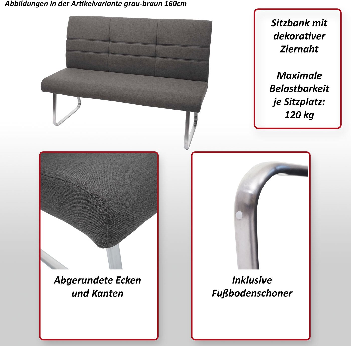 Zestaw 2x krzesło do jadalni + ławka HWC-G55, krzesło kuchenne ławka + podłokietnik, tkanina/tekstylia stal nierdzewna ~ szaro-brązowa ławka 160cm
