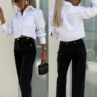 Koszule damskie - TEMU Koszula Damska Elegancka z Krótkim Rękawem - Klasyczna Złota Guzikowa Bluzka, Długie Rękawy, Biurowa i Formalna Odzież, Niskoprześwitująca - miniaturka - grafika 1