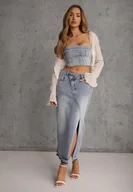Spódnice - Niebieska Spódnica z Jeansu z Bawełną High Waist o Asymetrycznym Kroju Vikisla - miniaturka - grafika 1