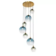 Lampy sufitowe - QAZQA Art Deco Lampa wisząca mosiężna z niebieskim szkłem okrągła 7-punktowa - Sandra - miniaturka - grafika 1