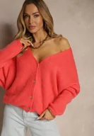 Swetry damskie - Różowy Kardigan z Wełną i Moherem o Klasycznym Kroju z Dekoltem w Serek Avelmio - miniaturka - grafika 1