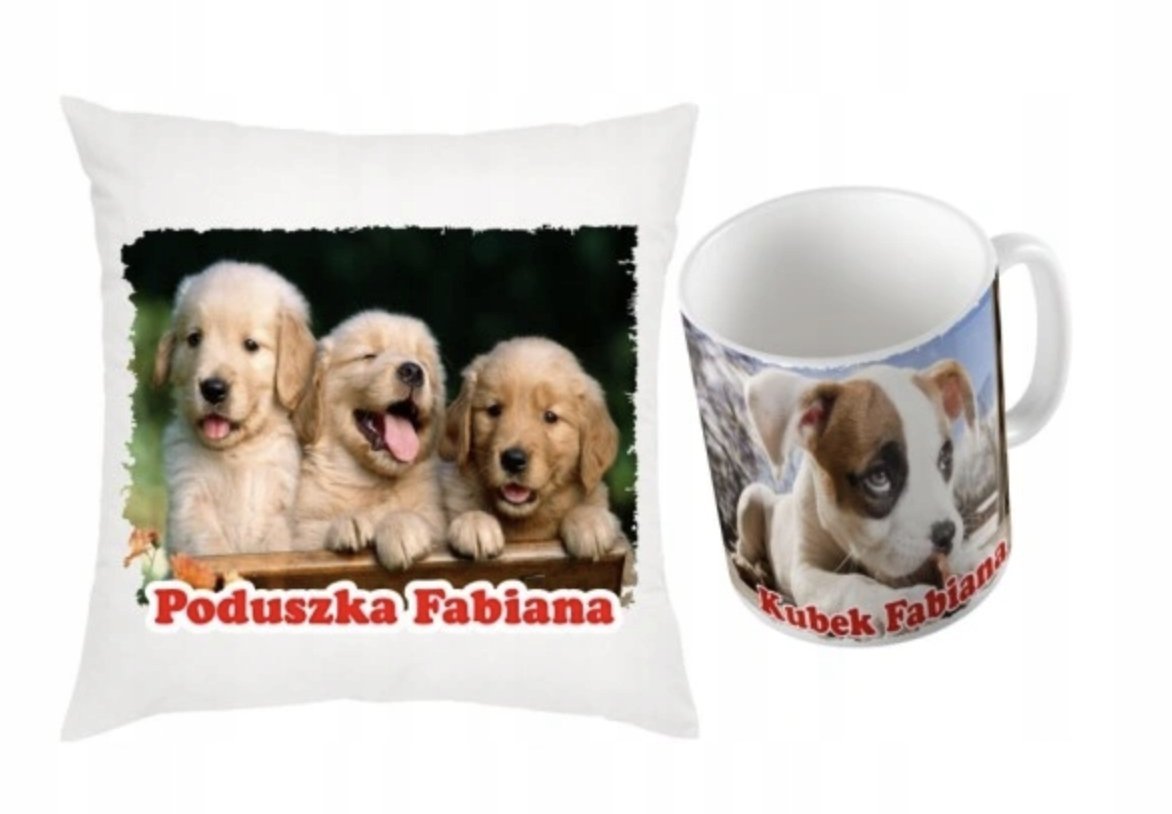 ZESTAW PODUSZKA + KUBEK Prezent SŁODKIE PIESKI GOLDEN RETRIVER + IMIĘ