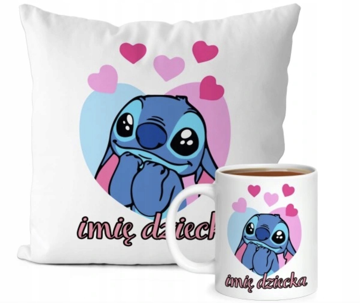 ZESTAW PODUSZKA + KUBEK Prezent STICH STITCH STICZ LILO BAJKA + IMIĘ 45