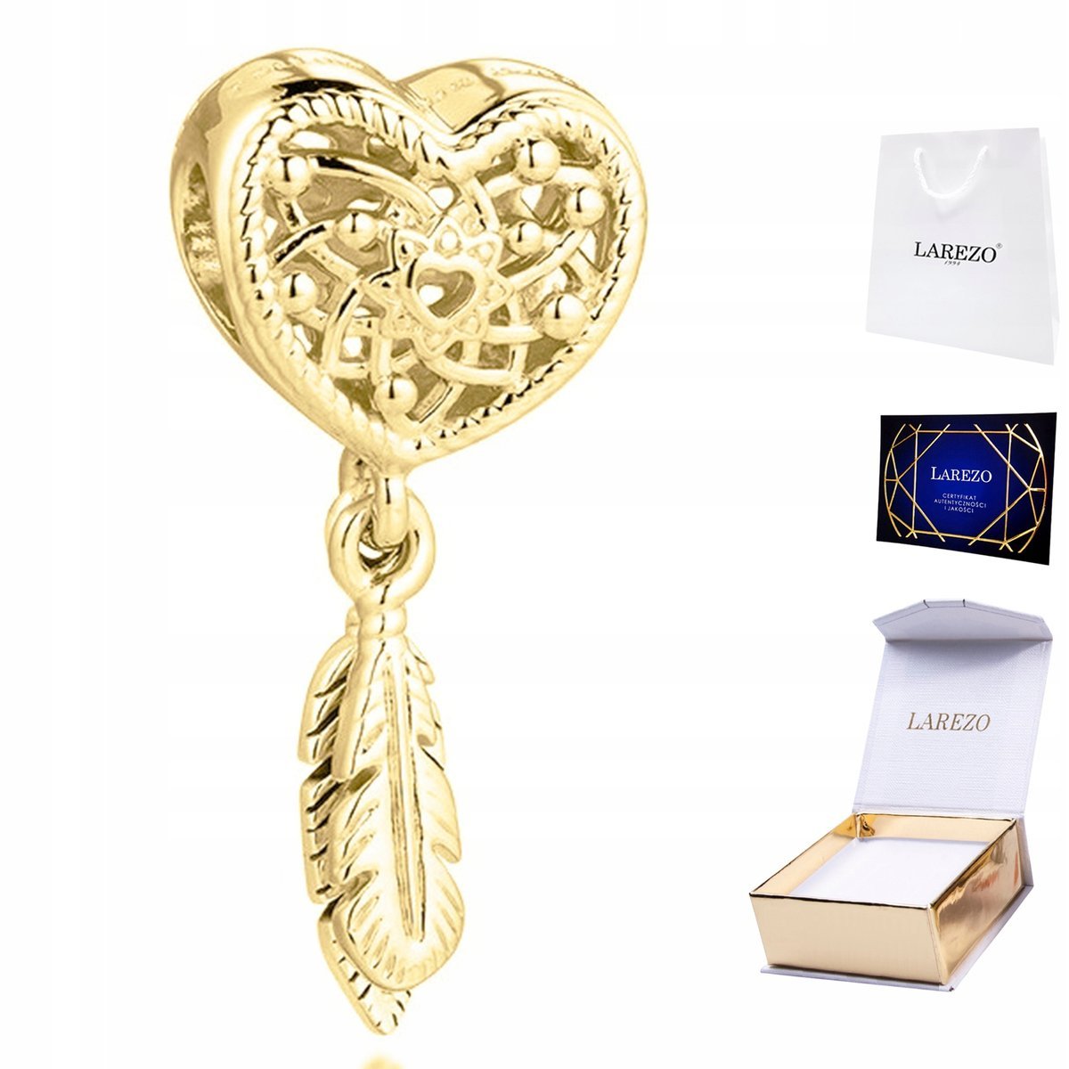 CHARMS ZŁOTY Łapacz Snów Serce Pióro Piórko Serduszko Love SREBRO 925