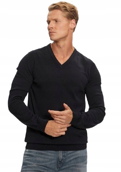 HUGO MĘSKI GRANATOWY SWETER Z DEKOLTEM W SEREK GŁADKI WEŁNIANY S JXA