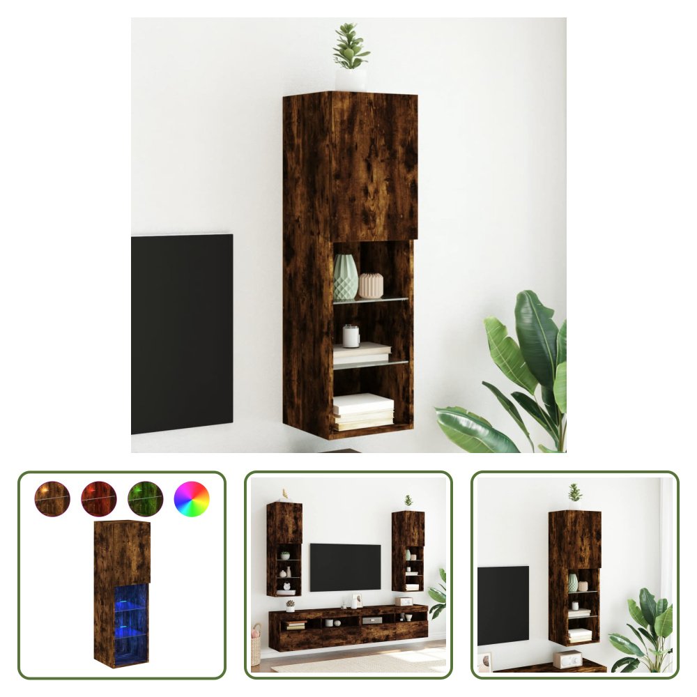 The Living Store Szafka pod telewizor z oświetleniem LED dąb wędzony 30,5x30x102 cm