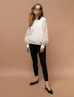 Bluzy damskie - Bluza z przezroczystymi rękawami biała - grafika 1