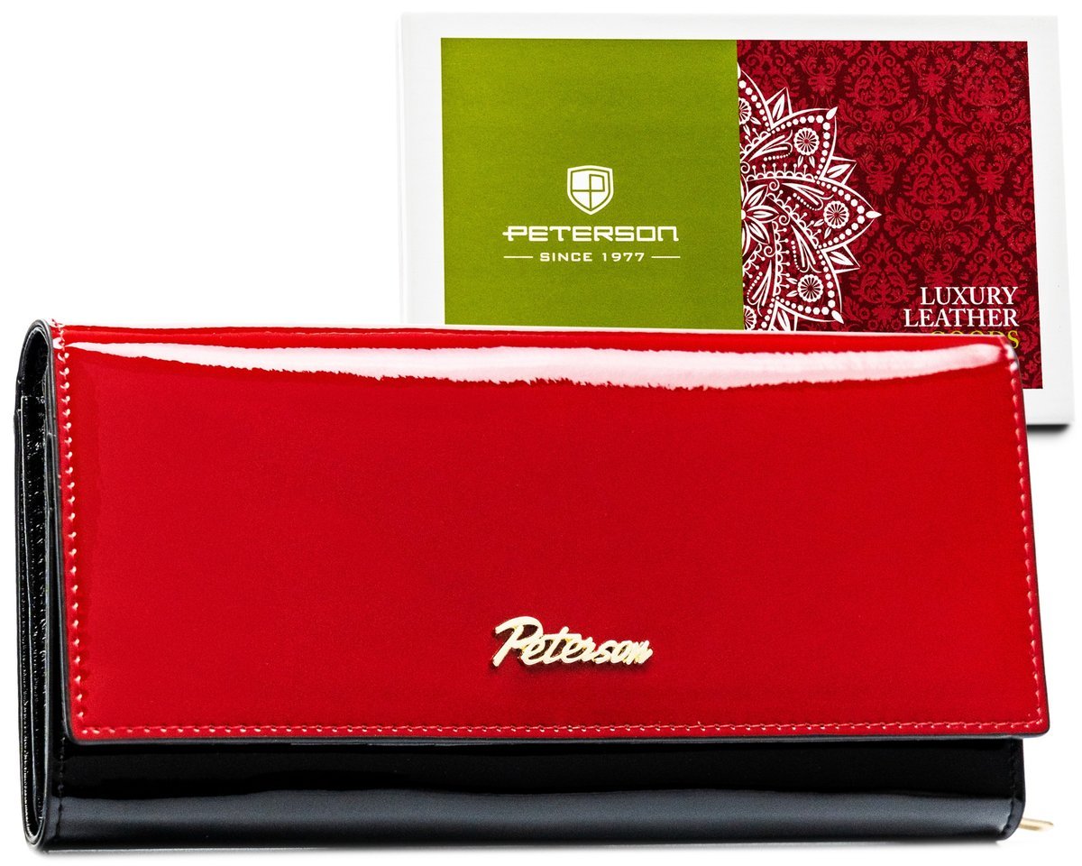 Portfel damski skórzany Peterson błyszczący na zatrzask duża pojemna portmonetka na karty i gotówkę, czarny czerwony