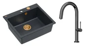 Zlewozmywaki z baterią - Quadron Unique Zlewozmywak granitowy jednokomorowy 57*50*22 cm MORGAN 110 BLACK DIAMOND z syfonem Push-2-Open w kolorze miedzianym z baterią HALEY T LINE GRAPHITE METAL kolor grafit - miniaturka - grafika 1