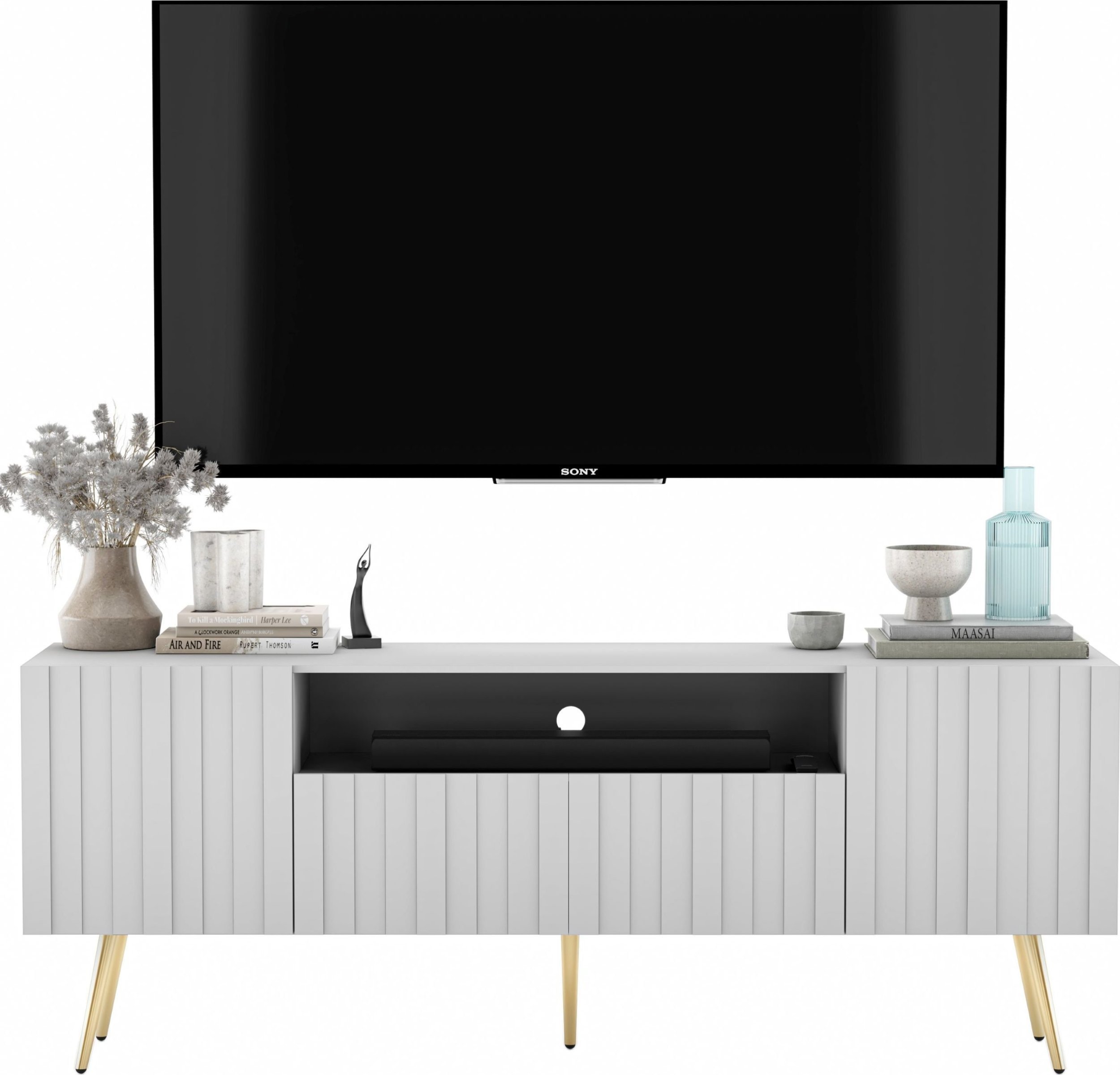 Meble Lindner Meble Lindner Loft Szafka RTV Biały Mat Nowoczesna Komoda RTV Glamour 150 cm Ryflowane fronty Nogi Złote Metalowe