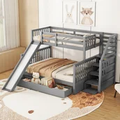 Łóżka dla dzieci i młodzieży - Łóżko piętrowe z litego drewna - 90x200cm + 140x200cm - ze schowkiem drabinkowym i zjeżdżalnią - Szare - miniaturka - grafika 1