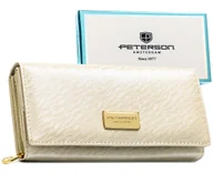 Portfele - Portfel damski na karty skórzany beżowy PETERSON duży rozbudowany na zatrzask klasyczny rfid stop modny - miniaturka - grafika 1