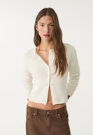 Swetry damskie - Stradivarius Prążkowany kardigan z guzikami Waniliowy XL - miniaturka - grafika 1