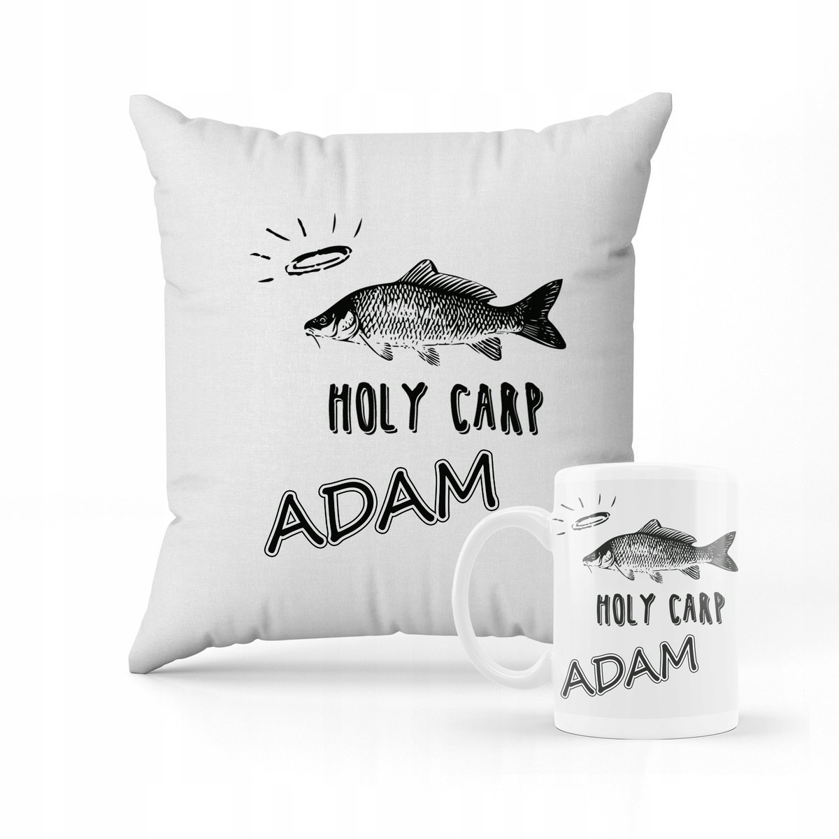ZESTAW PODUSZKA + KUBEK PREZENT DLA DZIECKA HOLY CARP KARP RYBY + IMIĘ