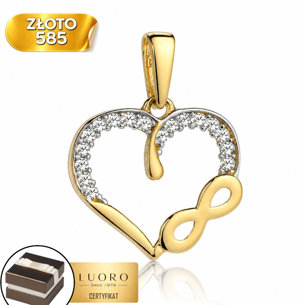 ZAWIESZKA ZŁOTA 585 14K SERCE NIESKOŃCZONOŚĆ CYRKONIA 1,8 CM ELEGANCKA