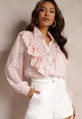 Koszule damskie - Jasnoróżowa Koszula Plumeti z Falbanką i Metaliczną Nitką Eutria - miniaturka - grafika 1