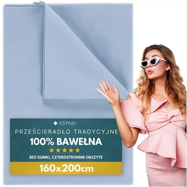 Prześcieradło bez Gumki Tradycyjne 160x200 cm Bawełniane Błękitny Błękit