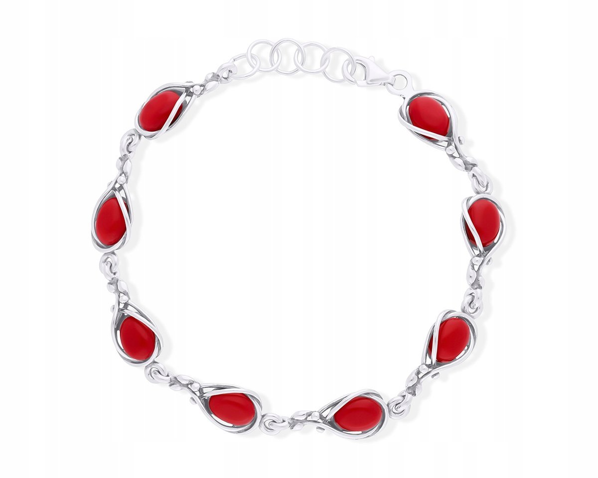 Bransoletka Srebrna Damska z Koralem Czerwonym 925 Oryginalny Wzór