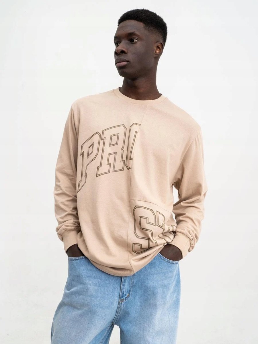 KOSZULKA Z DŁUGIM RĘKAWEM Longsleeve Z Nadrukiem Męski BEŻOWY Prosto M
