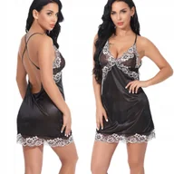 Bielizna nocna - SATYNOWA KOSZULKA NOCNA DAMSKA BIELIZNA KORONKA SEXY KOMPLET HALKA STRINGI - miniaturka - grafika 1