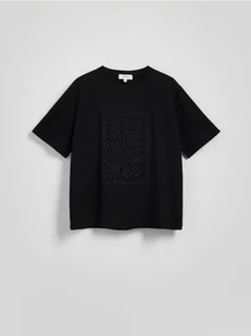 Reserved - Bawełniany t-shirt ze zdobieniem - czarny - Koszulki i topy damskie - miniaturka - grafika 1