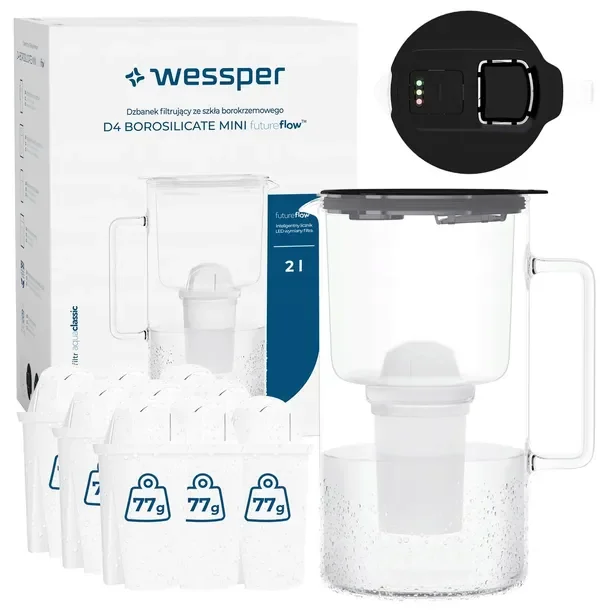 Dzbanek filtrujący szklany Wessper D4 BOROSILICATE MINI licznik + 10x filtr