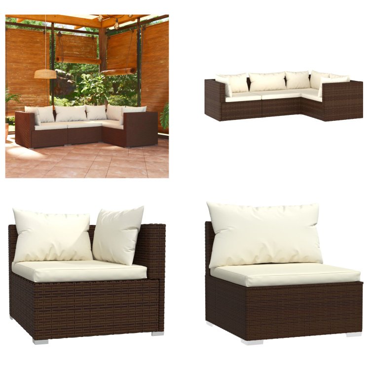 vidaXL 4-częściowy zestaw wypoczynkowy do ogrodu z poduszkami z rattanu w kolorze brązowym - zestaw wypoczynkowy do ogrodu - zestawy wypoczynkowe do ogrodu - zestaw wypoczynkowy na patio - zestaw sof ogrodowych