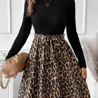Sukienki - TEMU Elegancka sukienka damska w panterkę - Długi rękaw, idealna na imprezę i na co dzień. Rozkloszowana spódnica, całoroczna sukienka w zwierzęcy - miniaturka - grafika 1