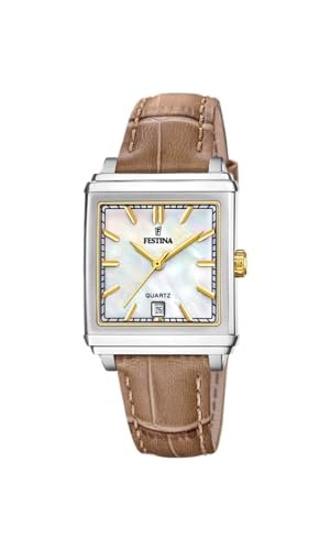 Festina Zegarek damski F20682/4 na kwadratowym szarym etui ze stali nierdzewnej brązowy skórzany pasek, srebrny, pasek