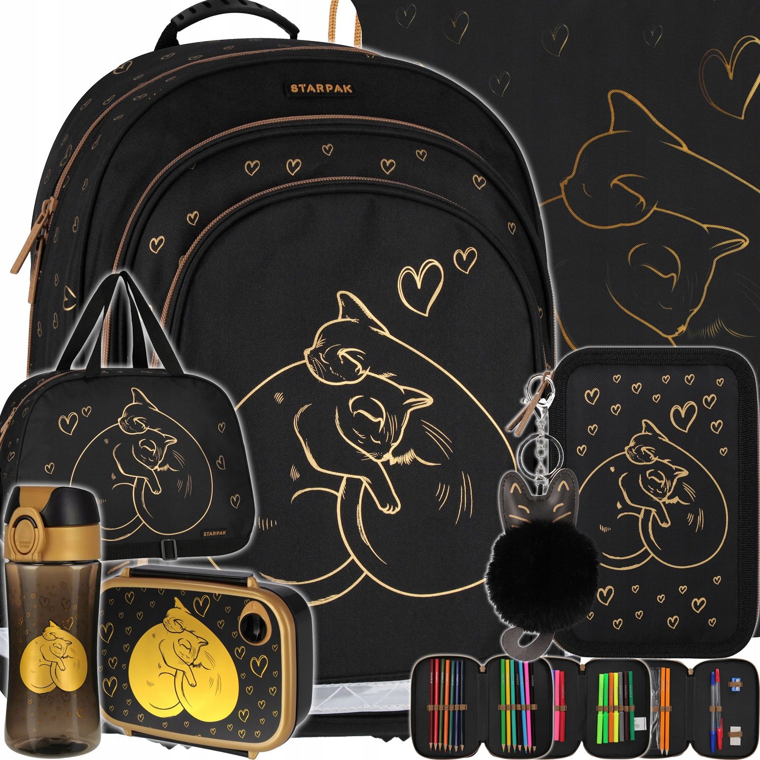 Plecak Tornister Szkolny Dla Dziewczynki Czarny Złoty Kot Kotki dla Klas 13