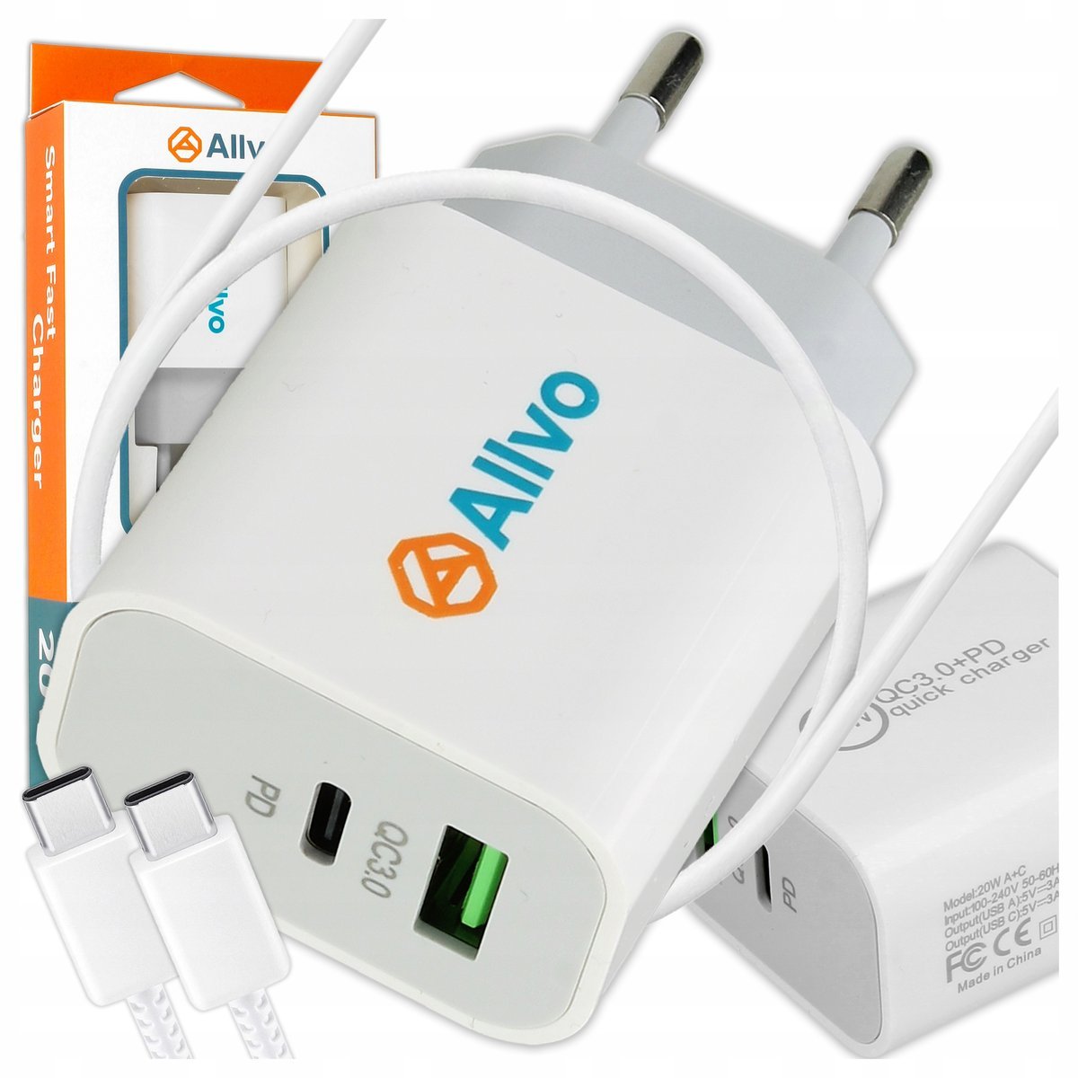 Ładowarka Sieciowa USB typ C USB-C USB-A PD QC-3.0 biała 20W + KABEL typ C