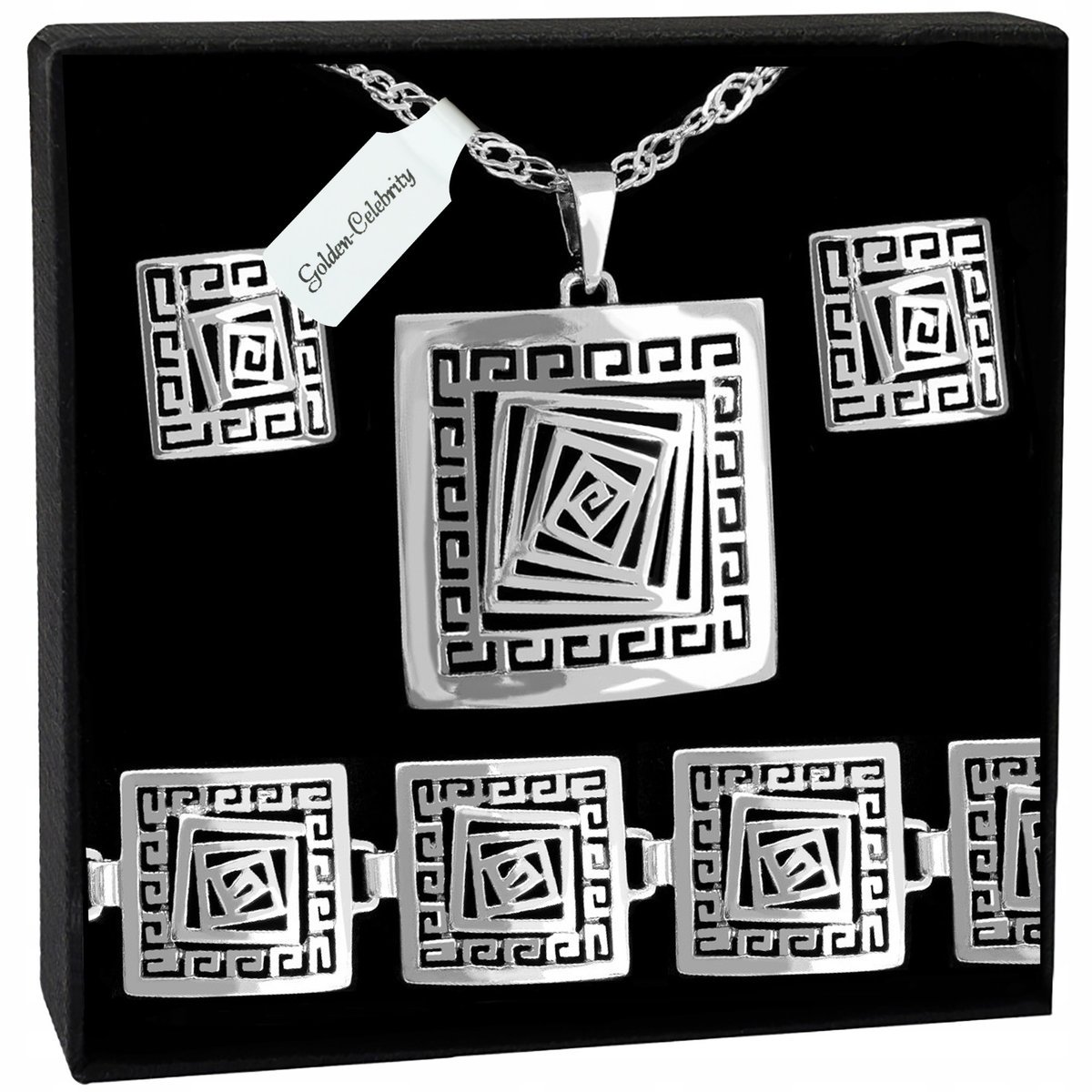 SREBRNY KOMPLET BIŻUTERII ŁAŃCUSZEK ZAWIESZKA GRECKA 925 KOLCZYKI 55 + 5 CM