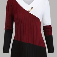 Bluzki damskie - TEMU Damska, stylowa bluzka z długim rękawem, dekoltem w serek i prążkowanym, kolorowym blokadą, idealna na wiosnę i jesień. Luźny i przewiewny krój. - miniaturka - grafika 1