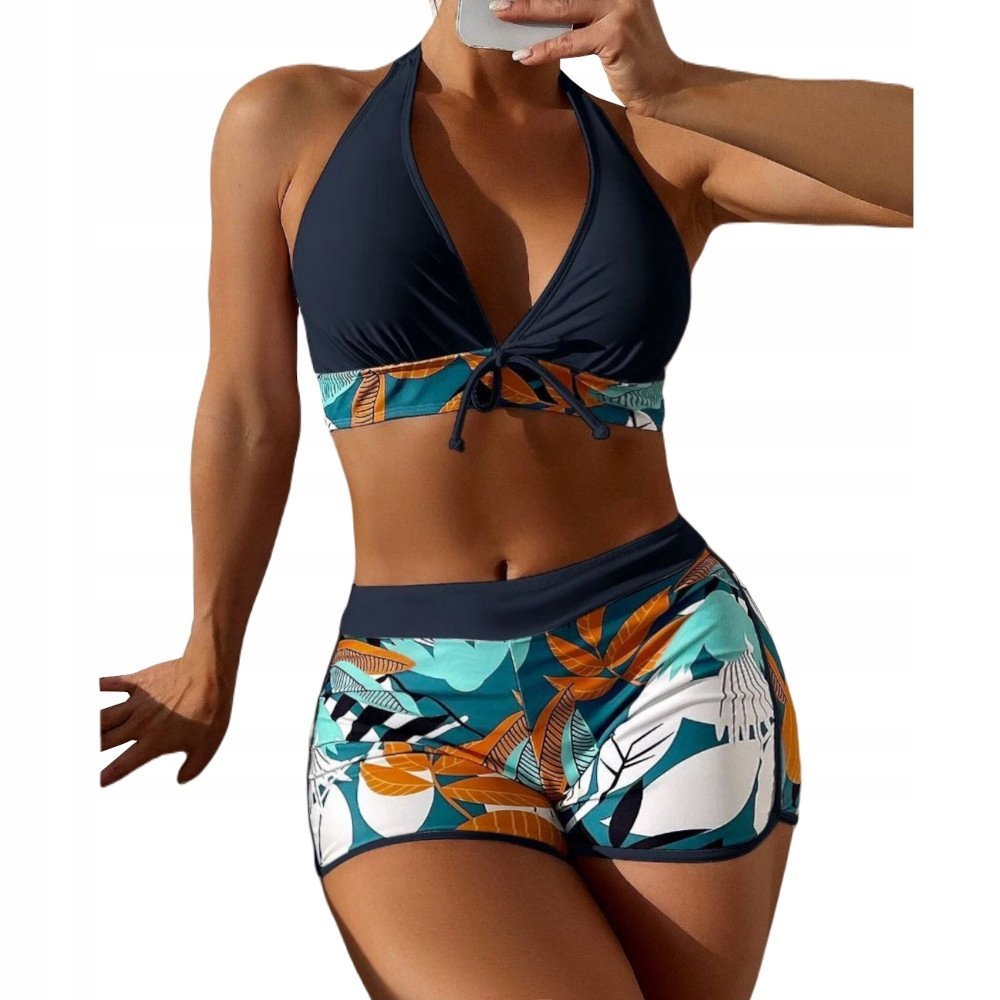 Strój Kąpielowy Bikini Spodenki Dwuczęściowy Kostium Wysoki Stan Wiązany Xl Czarny