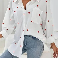 Koszule damskie - TEMU Elegancka Biała Bluzka z Długim Rękawem dla Kobiet - Oversize, Czerwone na Piersi i Mankiecie, Kołnierzyk Zapinany Guzikami, Strukturalny Krój - miniaturka - grafika 1