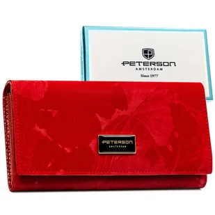 Portfel damski skórzany PETERSON rfid stop skóra naturalna i ekologiczna duży rozbudowany na zatrzask czerwony elegancki na prezent pudełko producen.. - Portfele - miniaturka - grafika 1