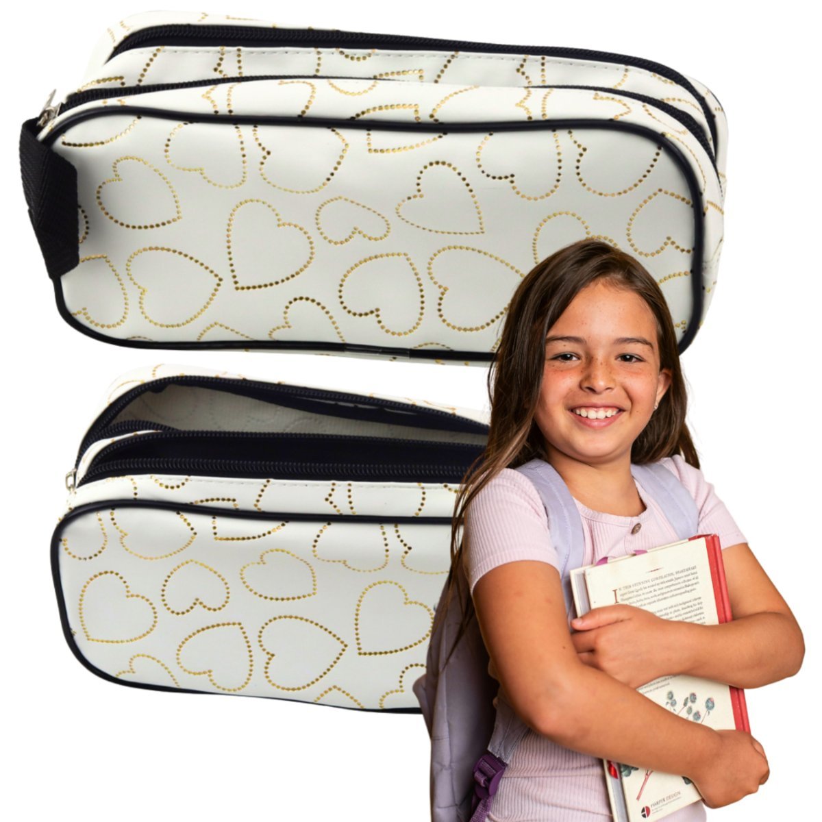 Piórnik Szkolny Biurowy Dwukomorowy Złote Serca Biały 23,5x10 cm