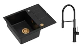 Zlewozmywaki z baterią - Quadron Unique Zlewozmywak granitowy jednokomorowy 62*50*22 cm z ociekaczem MORGAN 116 PURE CARBON z syfonem Push-2-Open w kolorze miedzianym z baterią MARILYN Q LINE z ruchomą wylewką kolor czarny - miniaturka - grafika 1