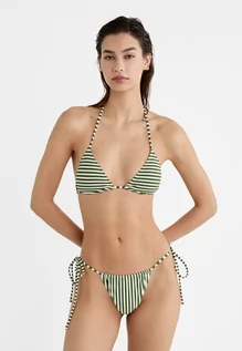 Stroje kąpielowe - Stradivarius Trójkątny biustonosz od bikini w paski z wiązaniami  Khaki L - grafika 1