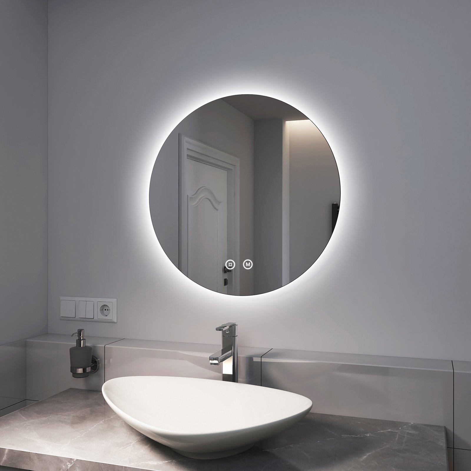 EMKE Lustro łazienkowe LED 60cm okrągłe Lustro łazienkowe z oświetleniem 3 kolory światła Lustro łazienkowe okrągłe Lustro ścienne z przełącznikiem dotykowym IP44 Energooszczędne regulowane Lustro świetlne