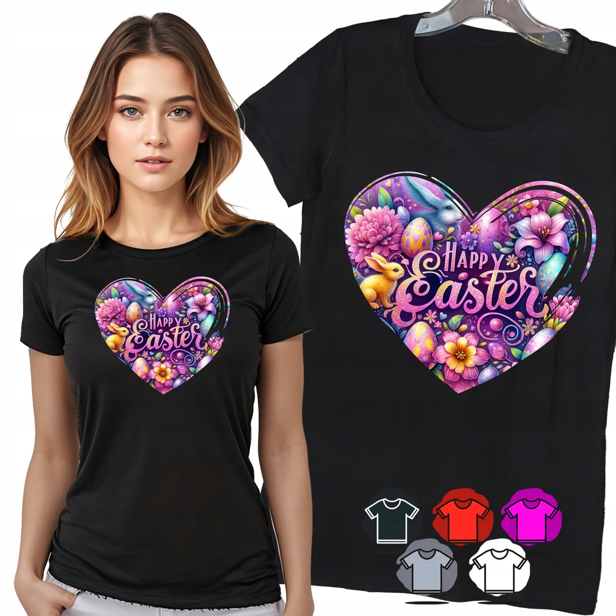 KOSZULKA DAMSKA T-SHIRT - HAPPY EASTER SERCE KRÓLIK PISANKI KWIATY - XS