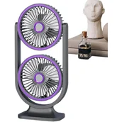 Wentylatory - Dwugłowicowy, cichy wentylator biurkowy z akumulatorem USB do domu, na zewnątrz, w podróży i do szkoły, 14 x 9,5 x 30 cm, fioletowy - miniaturka - grafika 1