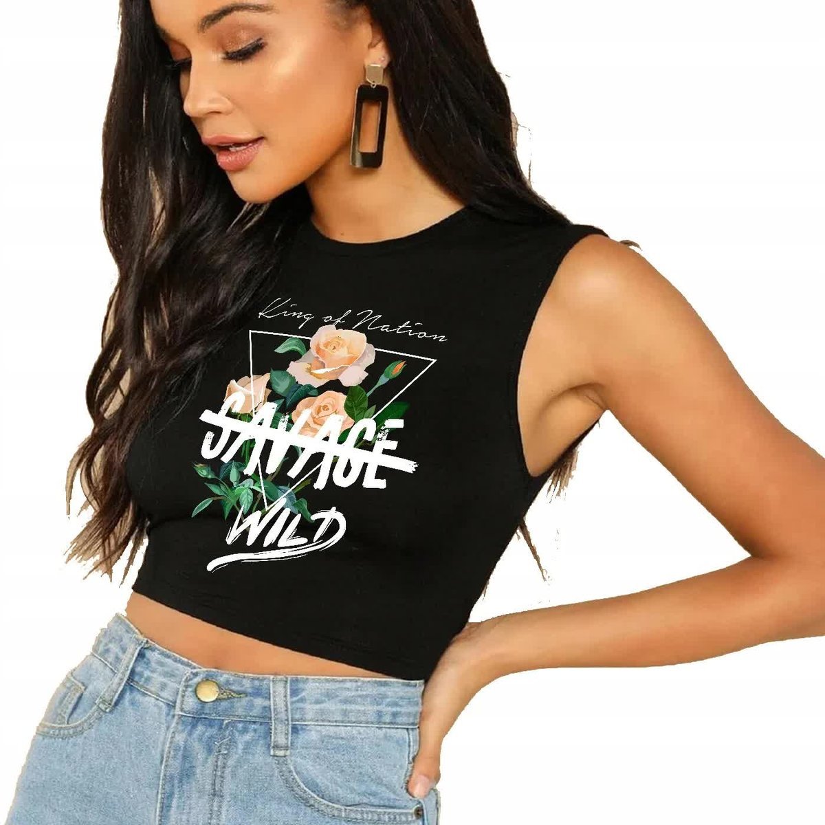 KRÓTKA KOSZULKA Tank Top Czarny Na Lato Kwiatowe SAVAGE WILD Wzory - M
