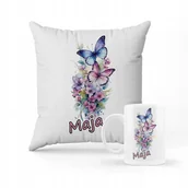 Gadżety dla niej i dla niego - ZESTAW PODUSZKA + KUBEK Prezent Motyle + IMIĘ - miniaturka - grafika 1